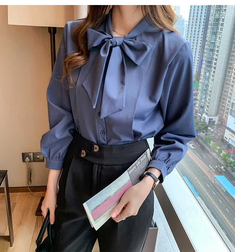 New Bow White Blouse Women 2025 Button Office Lady Long Sleeve Blue Chiffon Shirt Autumn Tops Woman Clothes Pocket Womens Shirts