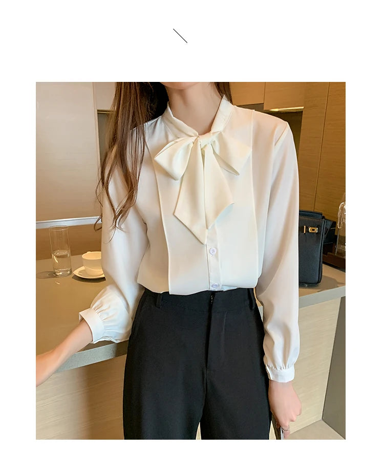 New Bow White Blouse Women 2025 Button Office Lady Long Sleeve Blue Chiffon Shirt Autumn Tops Woman Clothes Pocket Womens Shirts