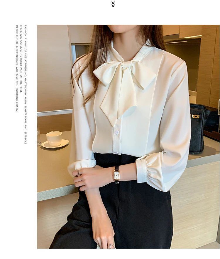 New Bow White Blouse Women 2025 Button Office Lady Long Sleeve Blue Chiffon Shirt Autumn Tops Woman Clothes Pocket Womens Shirts