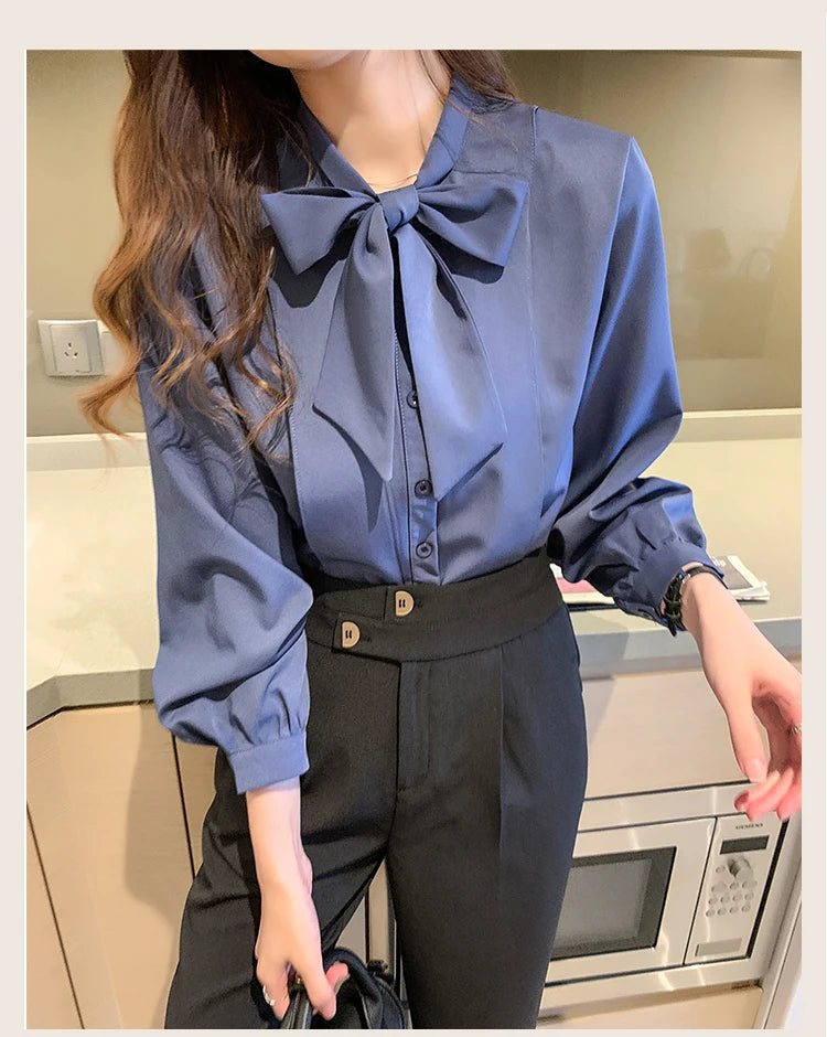 New Bow White Blouse Women 2025 Button Office Lady Long Sleeve Blue Chiffon Shirt Autumn Tops Woman Clothes Pocket Womens Shirts
