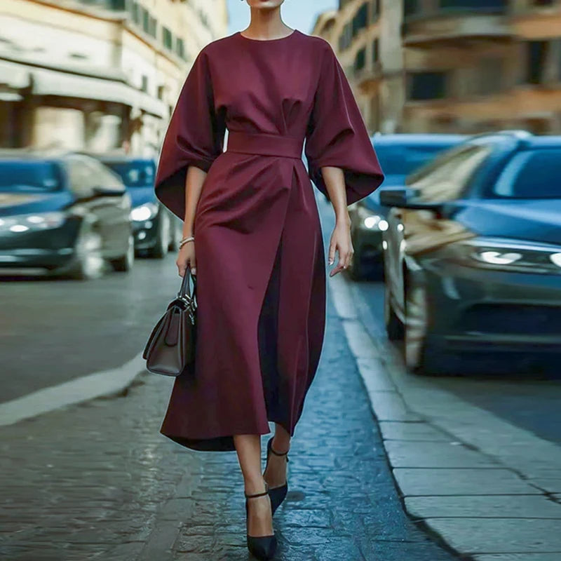Women Elegant Party Dress O Neck Solid Bat Sleeve A-Line Long Dress Women Spring Summer High Waist Lady Office Dress