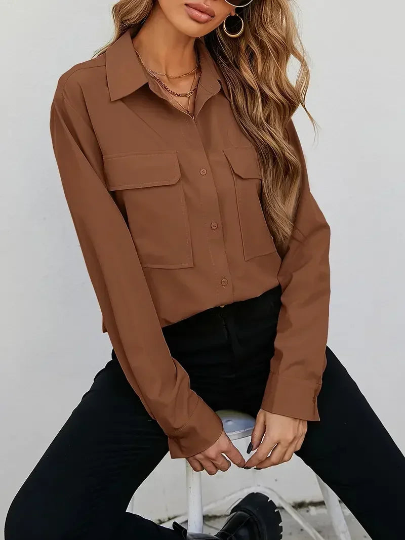 Plus Size 1Xl-5XL Women's Fashion Blouse Women's Solid Button Up Long Sleeve Turn Down Collar Blouse Pockets