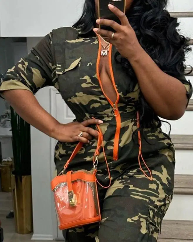 Fashion Jumpsuits for Woman 2025 Camouflage Print Zipper Pocket Design Casual One Pieces Jumpsuit Streetwear Y2K Clothing