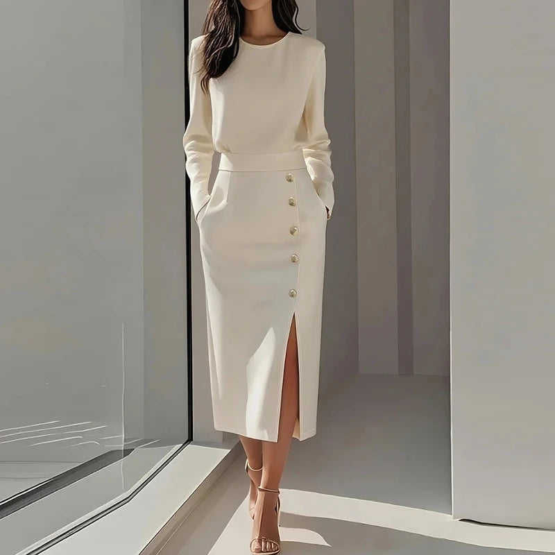 Office Lady Dress White Black Pink O Neck Long Sleeve Split Up A-line Party Dress Women Autumn Midi Dress 2025