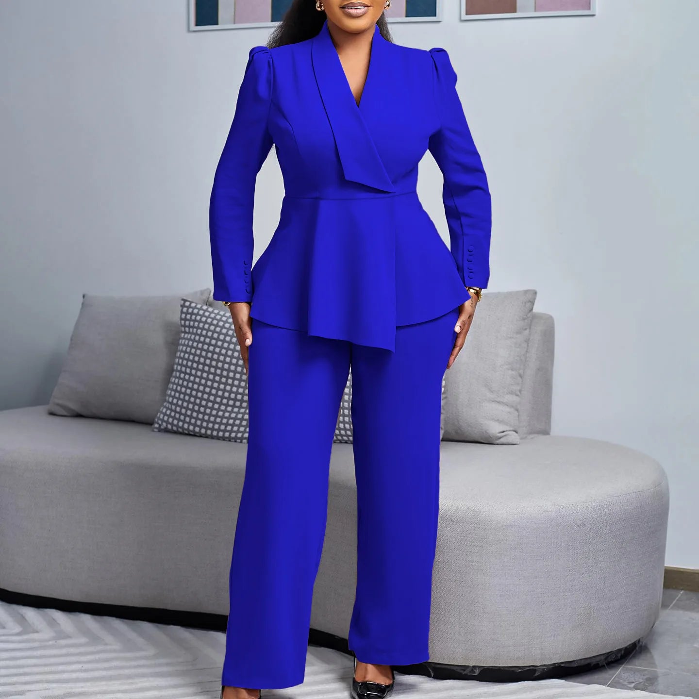 Women Two Pieces Set Elegant Long Sleeves Tops High Waist Pants Trousers Modest Office Ladies Work Wear Business Suit New