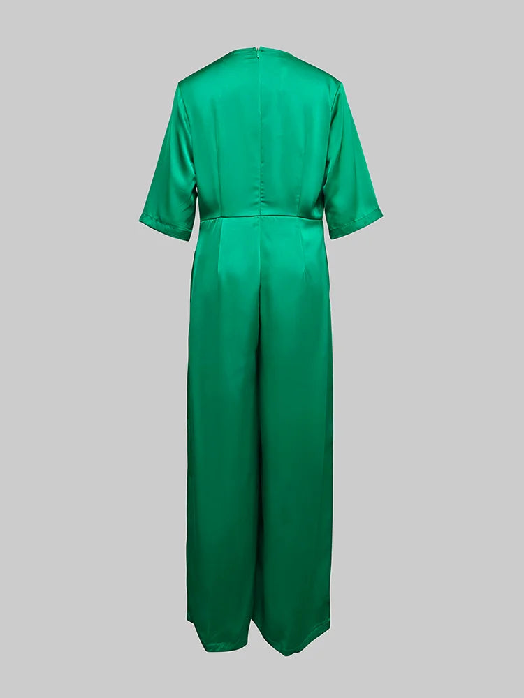 Gymystars 2025 Summer Jumpsuits Woman Elegant Deep V-neck Casual Green One Pieces Outfit Zipper Fashion Jumpsuit Wide-leg Pants