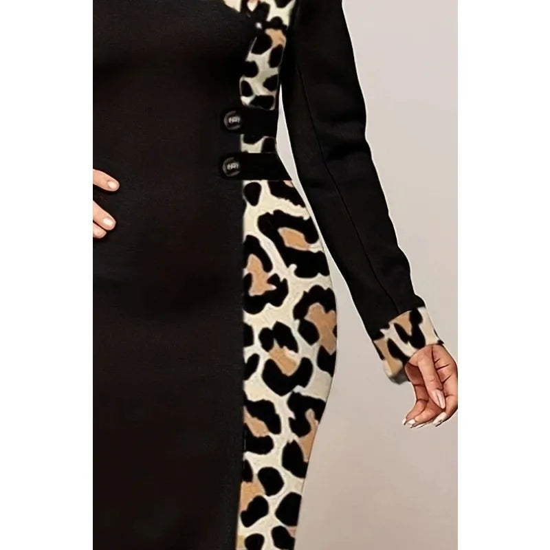 Plus Size New Summer Women's Leopard Patchwork Round Neck Bodycon Dress Women Long Sleeved Fashion Dress