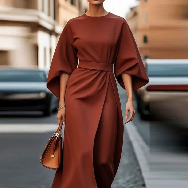 Women Elegant Party Dress O Neck Solid Bat Sleeve A-Line Long Dress Women Spring Summer High Waist Lady Office Dress