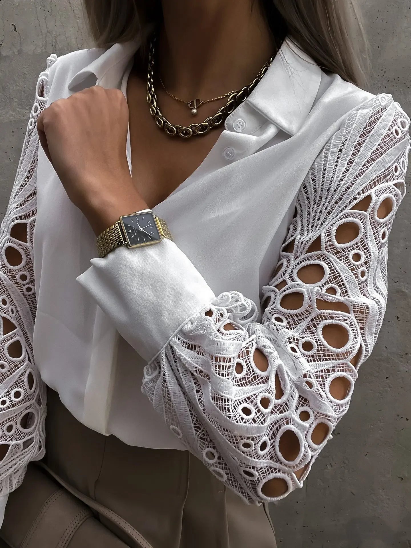Women's Blouse White blank Elegant V-neck Lace Sleeve Cut-out Patchwork Office Commuter Black Shirt For Female S-XXL