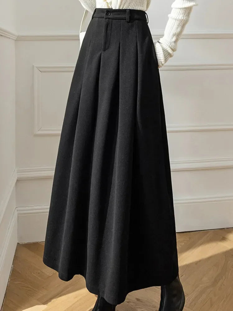 Women Maxi Skirt Elegant Office Lady Long Skirt Autumn Winter Warm Pleated Skirts Ladies Casual Loose A-Line Skirt Female