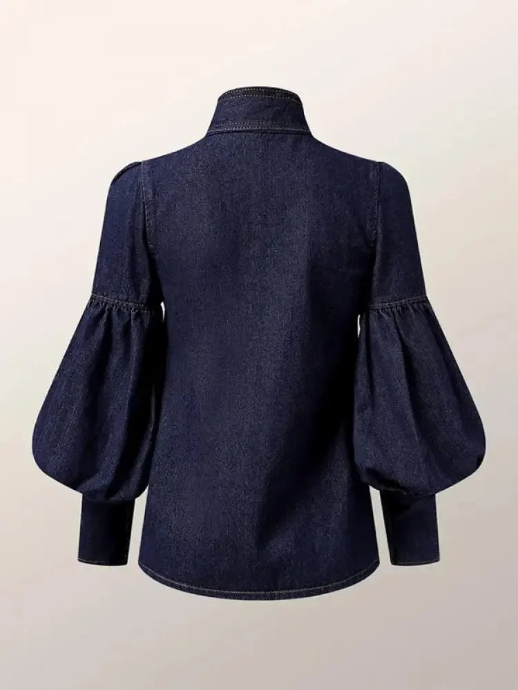 Women Fashion Bow Design High Neck Blouses New Spring Autumn Puff Sleeves Imitation Denim Casual Office Shirts Tops