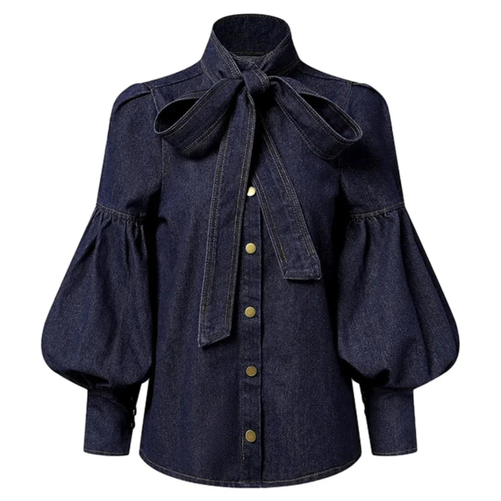 Women Fashion Bow Design High Neck Blouses New Spring Autumn Puff Sleeves Imitation Denim Casual Office Shirts Tops