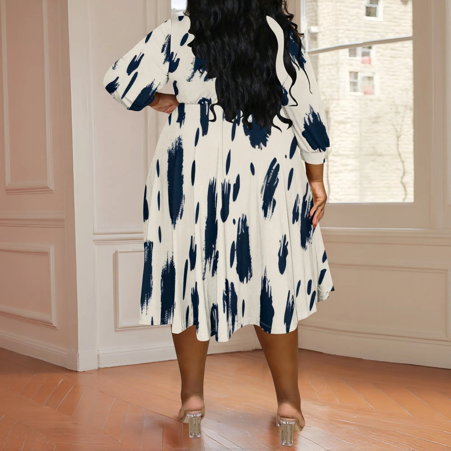 Women's Plus Size Abstract Print Pleated Midi Dress V-Neck 3/4 Sleeve Spring Summer Casual Party XL-6XL