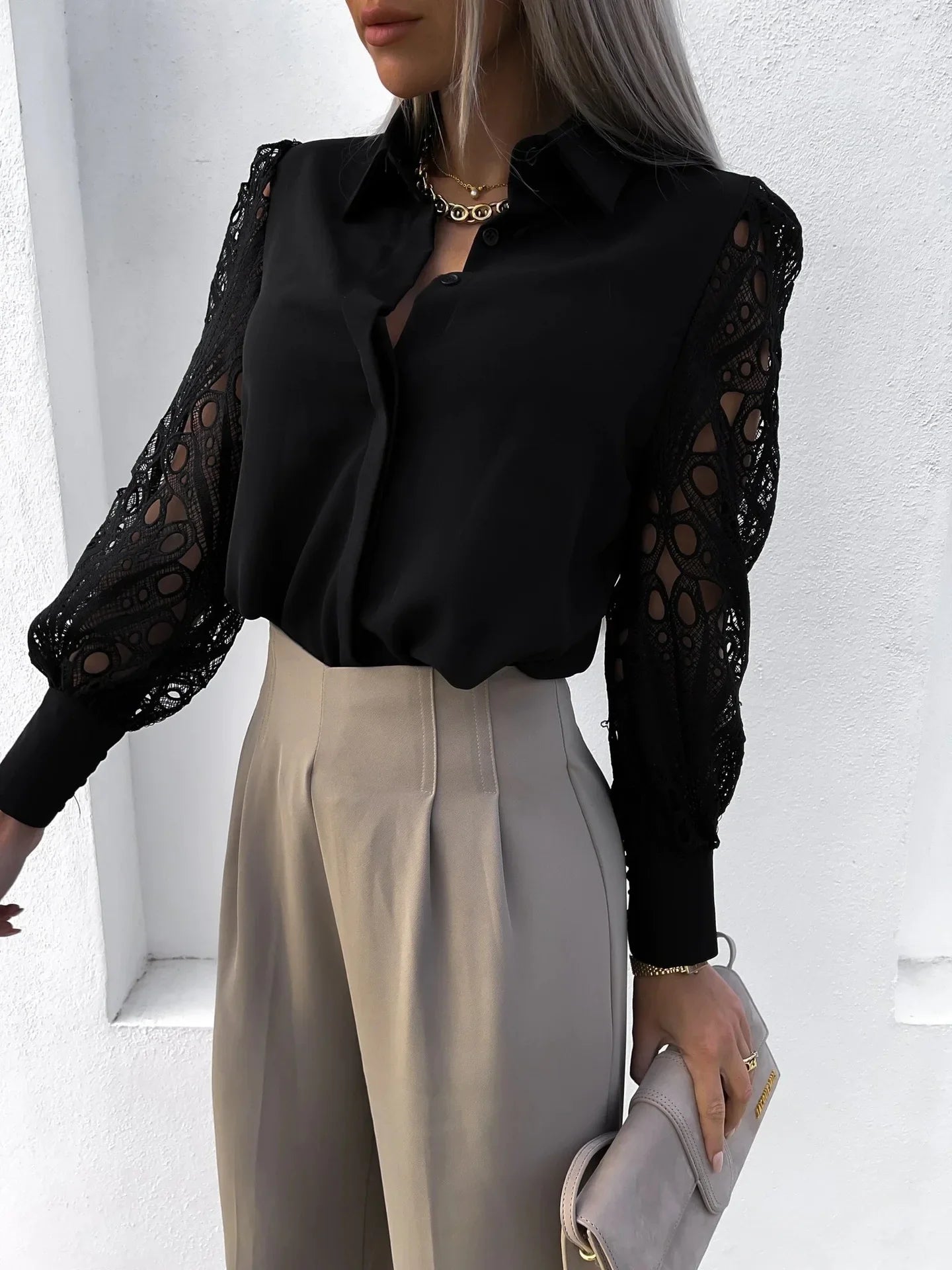 Women's Blouse White blank Elegant V-neck Lace Sleeve Cut-out Patchwork Office Commuter Black Shirt For Female S-XXL