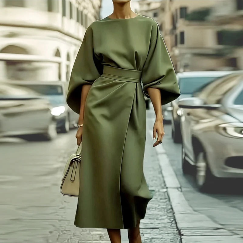 Women Elegant Party Dress O Neck Solid Bat Sleeve A-Line Long Dress Women Spring Summer High Waist Lady Office Dress