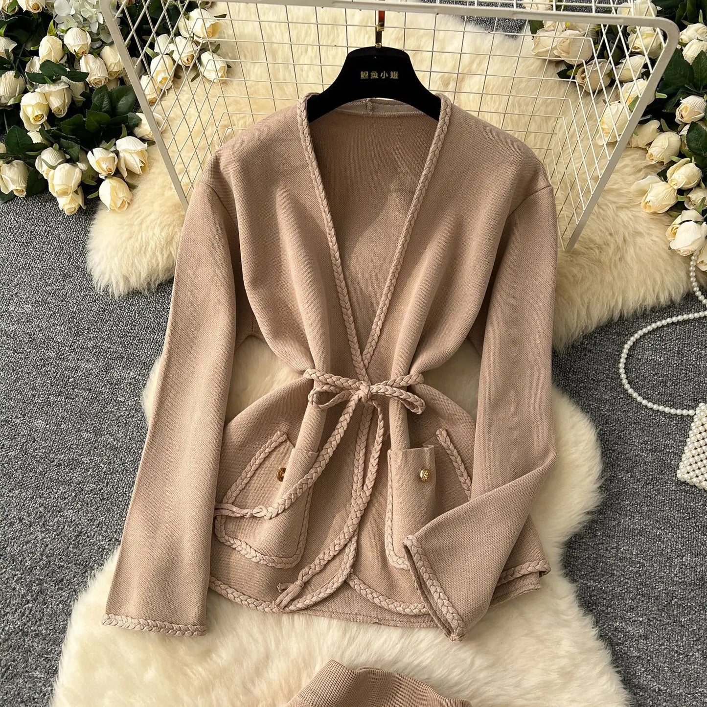 Skirt Set Women Two Piece Sets Dress Sets V Neck Coats Long Skirts High Waist Y2k Streetwear Elegant Splice Work Slim Fit Knit