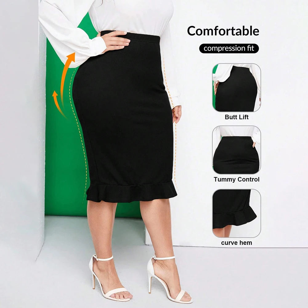Plus Size Women's Elegant Solid Ruffle Midi Half Skirts Ladies Office OL Work High Waist Slim Fit Pencil Dress Size 0XL-5XL