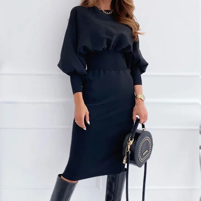 Women Elegant Office Lantern Sleeve Party Dresses Ladies O Neck Bodycon Dress Autumn Winter Solid Midi Dress 2024 Vestidos