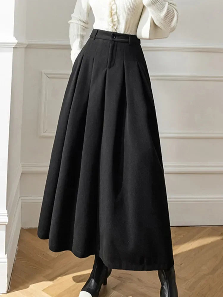 Women Maxi Skirt Elegant Office Lady Long Skirt Autumn Winter Warm Pleated Skirts Ladies Casual Loose A-Line Skirt Female