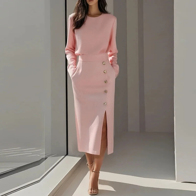 Office Lady Dress White Black Pink O Neck Long Sleeve Split Up A-line Party Dress Women Autumn Midi Dress 2025