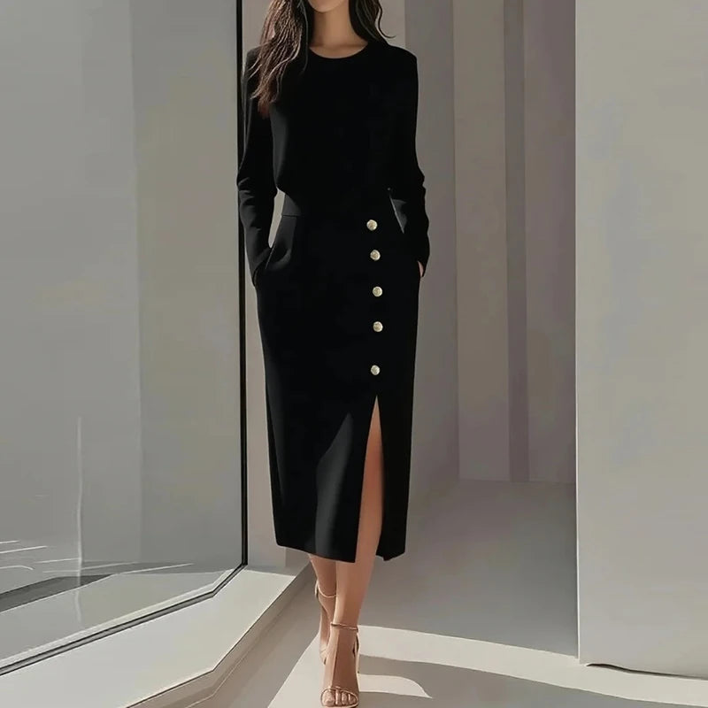 Office Lady Dress White Black Pink O Neck Long Sleeve Split Up A-line Party Dress Women Autumn Midi Dress 2025