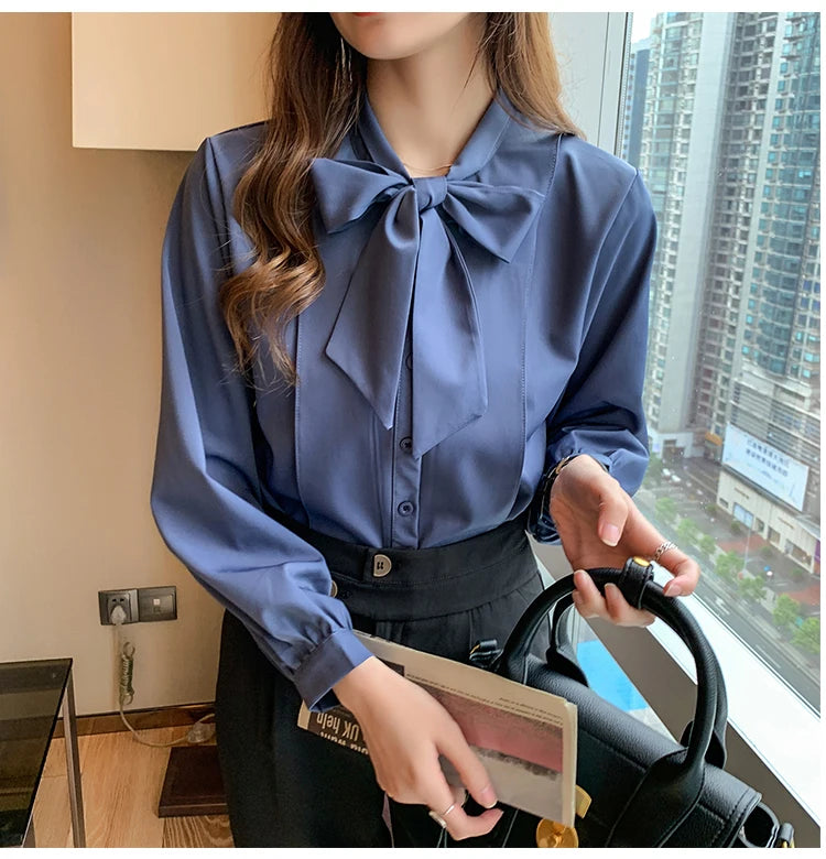 New Bow White Blouse Women 2025 Button Office Lady Long Sleeve Blue Chiffon Shirt Autumn Tops Woman Clothes Pocket Womens Shirts