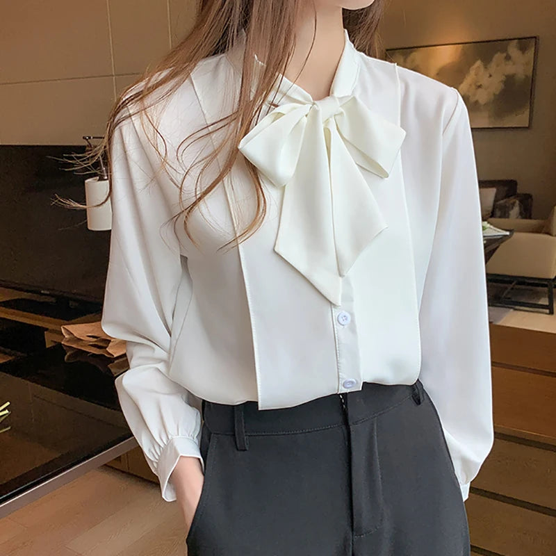 New Bow White Blouse Women 2025 Button Office Lady Long Sleeve Blue Chiffon Shirt Autumn Tops Woman Clothes Pocket Womens Shirts