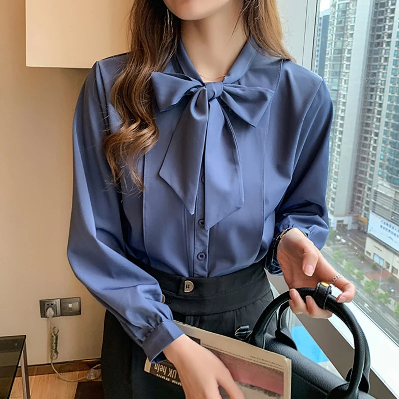 New Bow White Blouse Women 2025 Button Office Lady Long Sleeve Blue Chiffon Shirt Autumn Tops Woman Clothes Pocket Womens Shirts