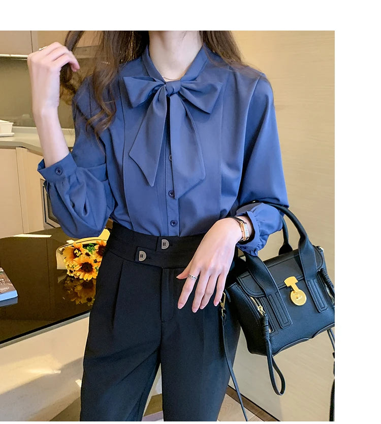 New Bow White Blouse Women 2025 Button Office Lady Long Sleeve Blue Chiffon Shirt Autumn Tops Woman Clothes Pocket Womens Shirts