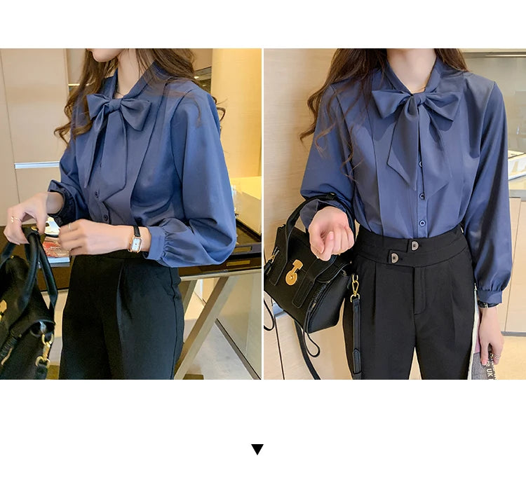New Bow White Blouse Women 2025 Button Office Lady Long Sleeve Blue Chiffon Shirt Autumn Tops Woman Clothes Pocket Womens Shirts