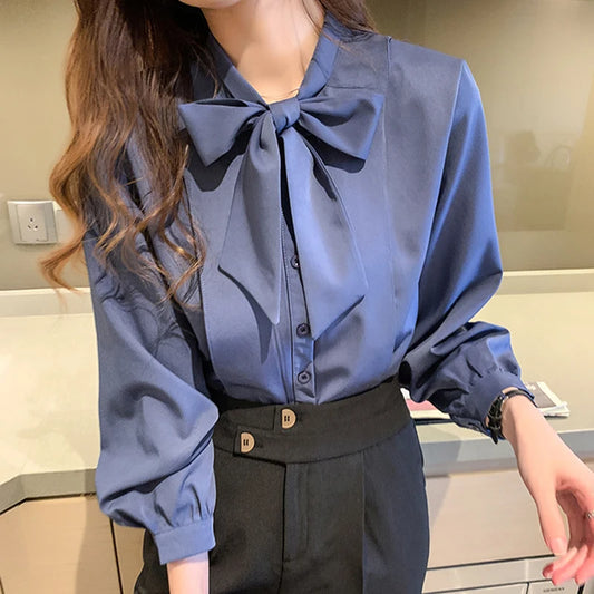 New Bow White Blouse Women 2025 Button Office Lady Long Sleeve Blue Chiffon Shirt Autumn Tops Woman Clothes Pocket Womens Shirts