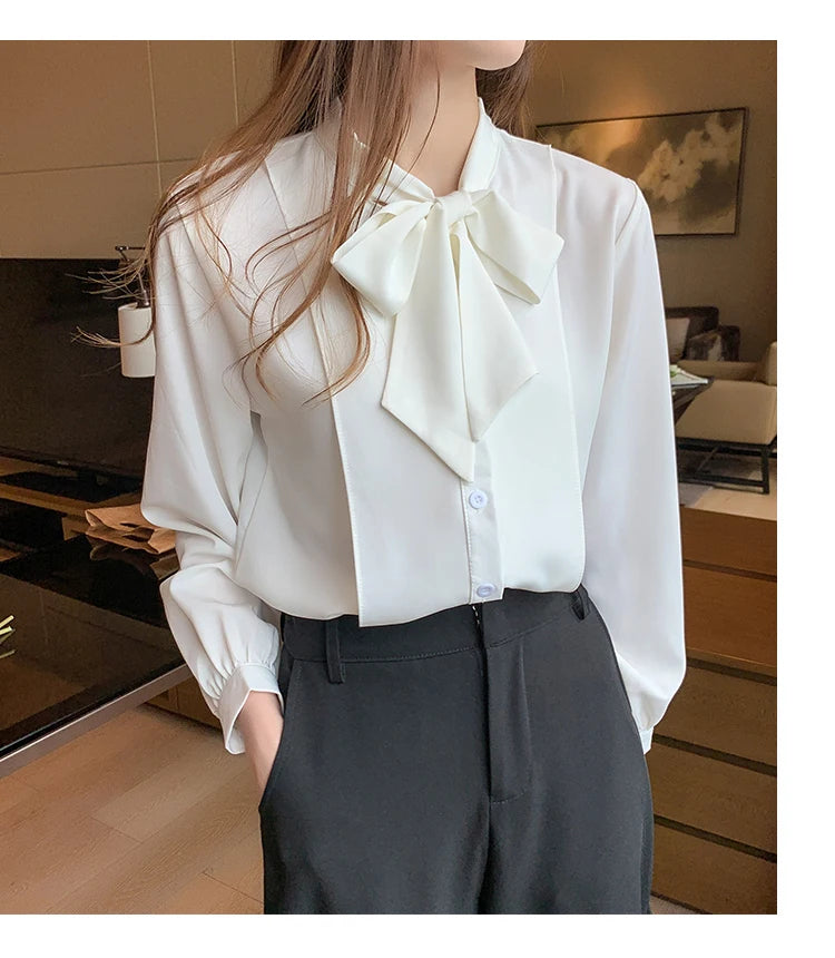 New Bow White Blouse Women 2025 Button Office Lady Long Sleeve Blue Chiffon Shirt Autumn Tops Woman Clothes Pocket Womens Shirts