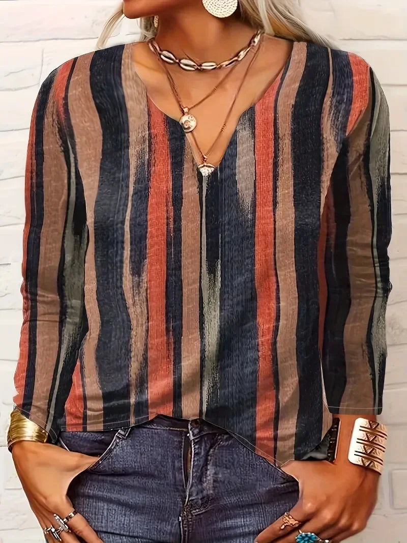 Women's Plus Size 1XL-8XL Casual Comfortable Long Sleeve Top Fashion V-neck Striped Breathable T-shirt Women