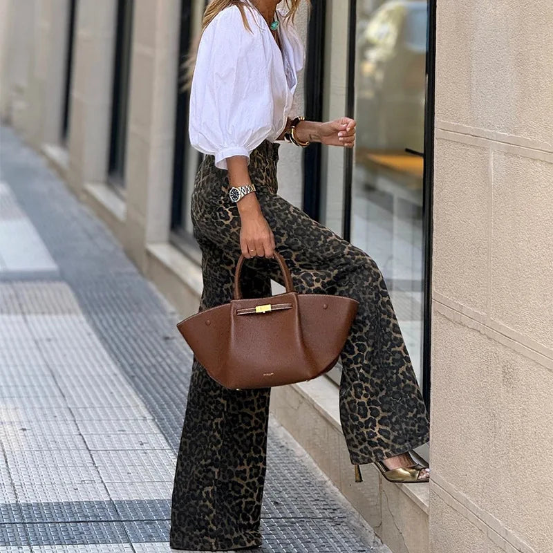 2024 Women Elegant Leopard Print Loose Straight Pants Chic Sexy Fashion High Waist Wide Leg Trousers Streetwear