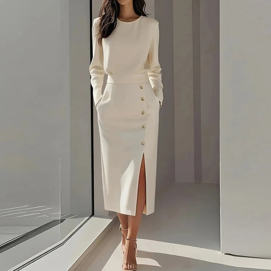 Office Lady Dress White Black Pink O Neck Long Sleeve Split Up A-line Party Dress Women Autumn Midi Dress 2025