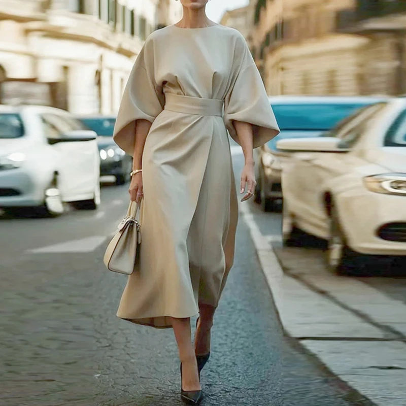 Women Elegant Party Dress O Neck Solid Bat Sleeve A-Line Long Dress Women Spring Summer High Waist Lady Office Dress