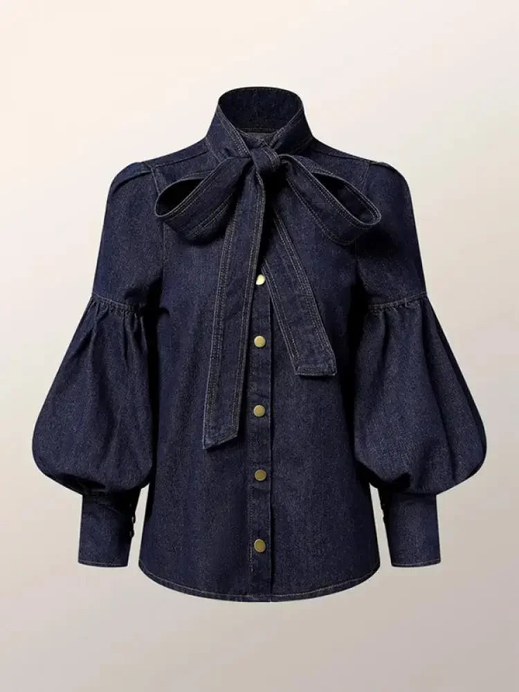 Women Fashion Bow Design High Neck Blouses  New Spring Autumn Puff Sleeves Imitation Denim Casual Office Shirts Tops