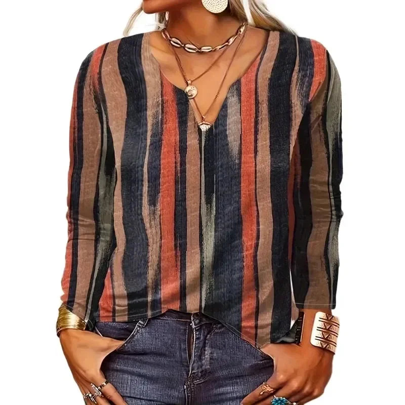 Women's Plus Size 1XL-8XL Casual Comfortable Long Sleeve Top Fashion V-neck Striped Breathable T-shirt Women