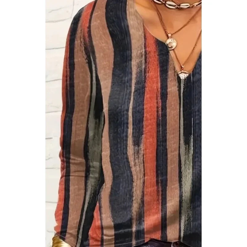 Women's Plus Size 1XL-8XL Casual Comfortable Long Sleeve Top Fashion V-neck Striped Breathable T-shirt Women