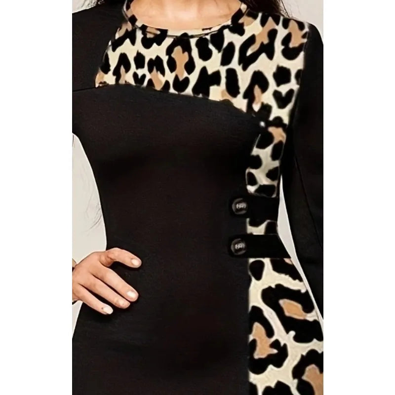 Plus Size New Summer Women's Leopard Patchwork Round Neck Bodycon Dress Women Long Sleeved Fashion Dress