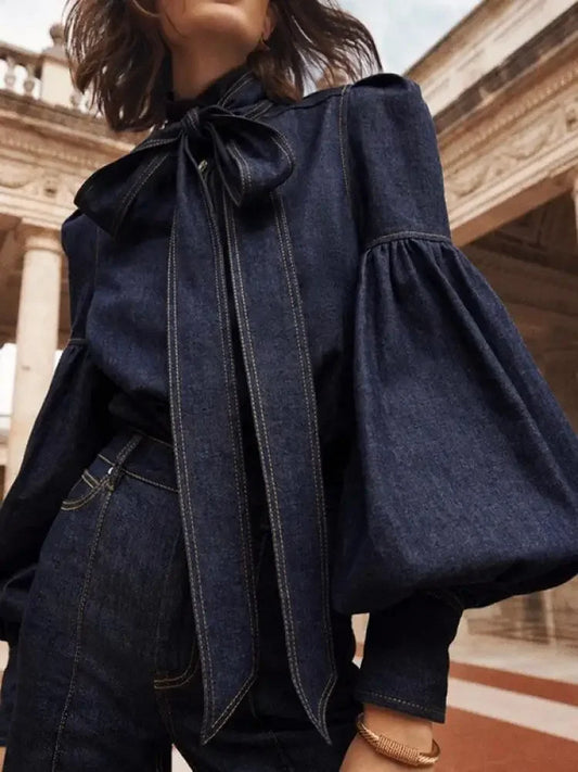 Women Fashion Bow Design High Neck Blouses  New Spring Autumn Puff Sleeves Imitation Denim Casual Office Shirts Tops