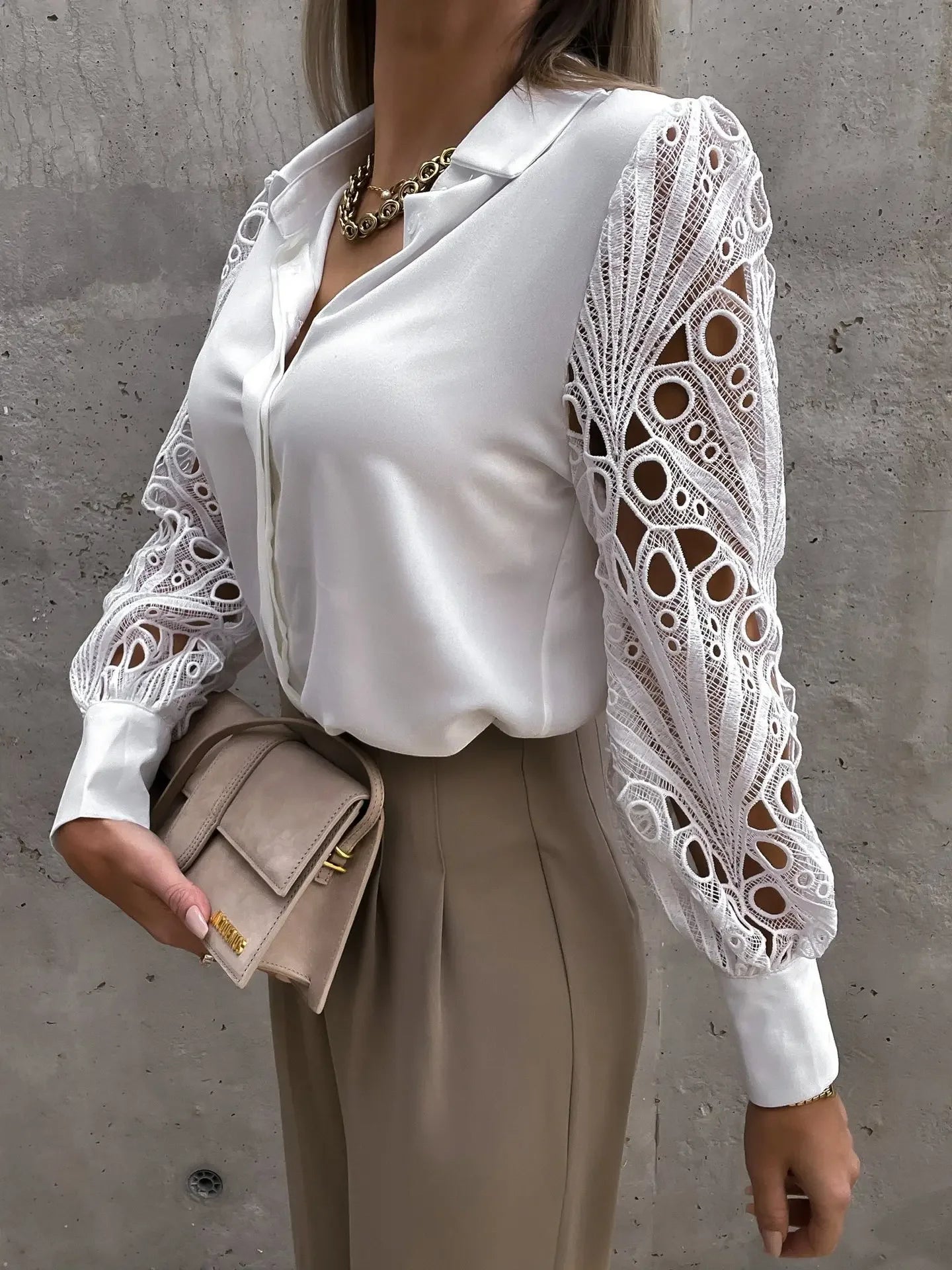 Women's Blouse White blank Elegant V-neck Lace Sleeve Cut-out Patchwork Office Commuter Black Shirt  For Female  S-XXL