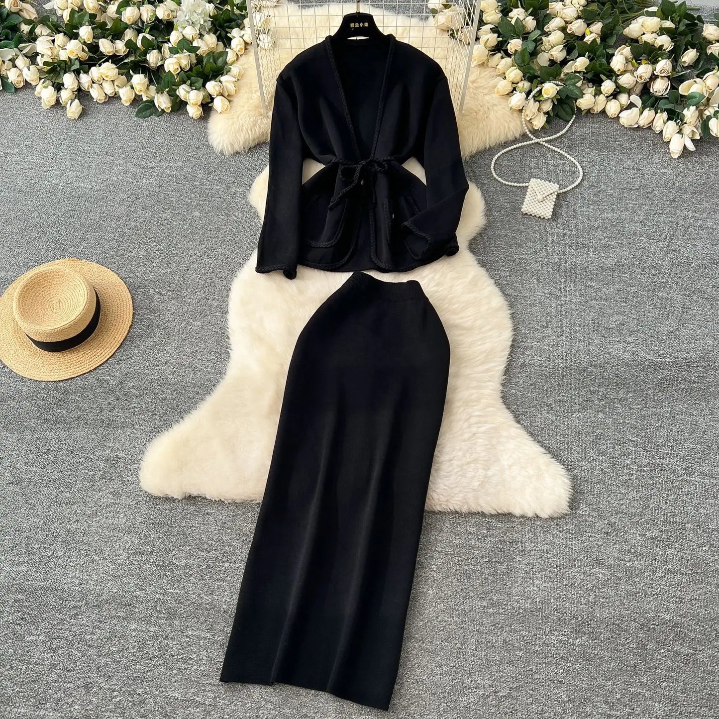 Skirt Set Women Two Piece Sets Dress Sets V Neck Coats Long Skirts High Waist Y2k Streetwear Elegant Splice Work Slim Fit Knit