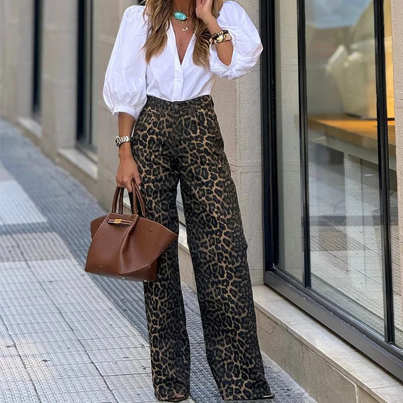 2024 Women Elegant Leopard Print Loose Straight Pants Chic Sexy Fashion High Waist Wide Leg Trousers Streetwear