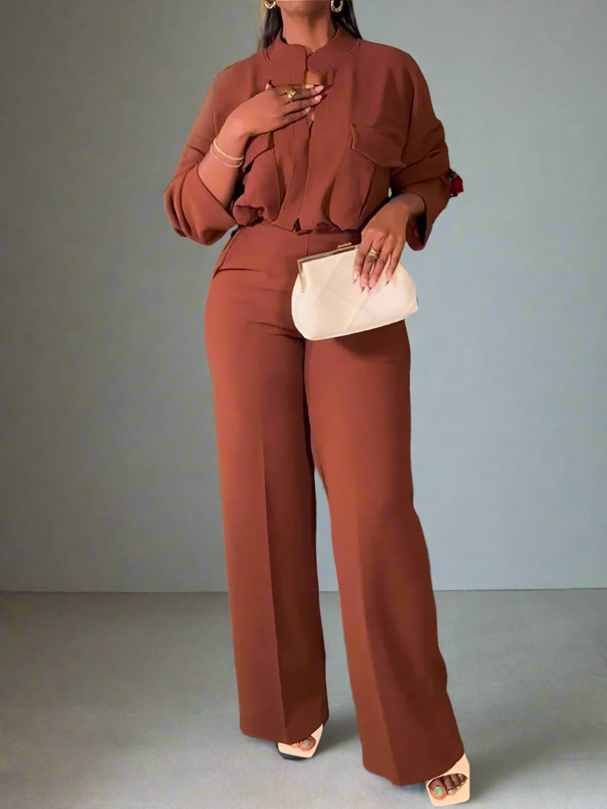 Wishyear Women's Casual Office Suit Autumn Fashion Purple Loose Long Sleeve Shirt Top And Wide Leg Pants Two-Piece Set Outfits