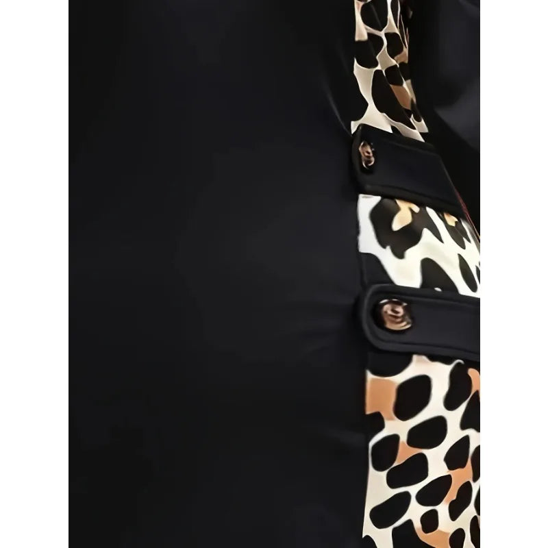 Plus Size New Summer Women's Leopard Patchwork Round Neck Bodycon Dress Women Long Sleeved Fashion Dress