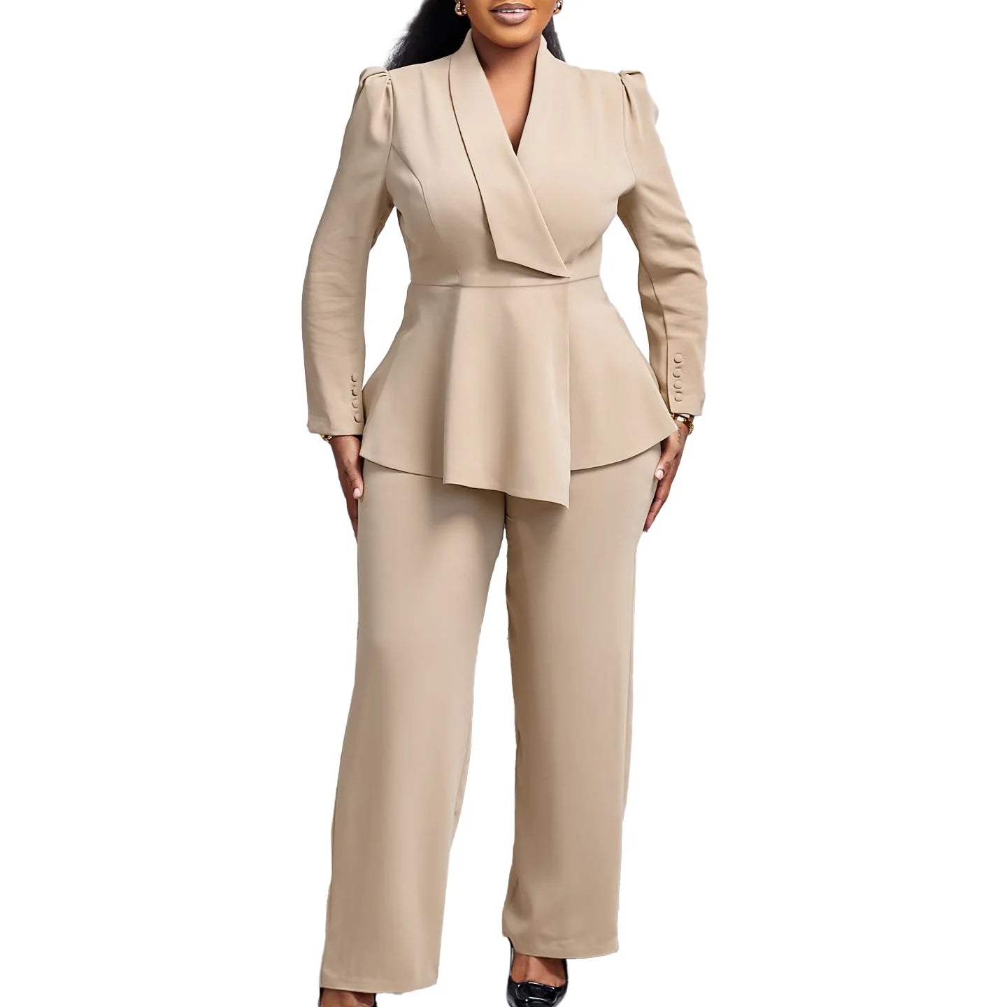 Women Two Pieces Set Elegant Long Sleeves Tops High Waist Pants Trousers Modest Office Ladies Work Wear Business Suit New