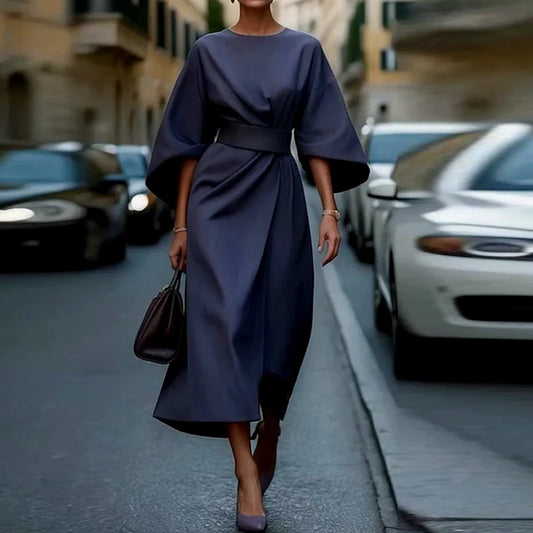 Women Elegant Party Dress O Neck Solid Bat Sleeve A-Line Long Dress Women Spring Summer High Waist Lady Office Dress