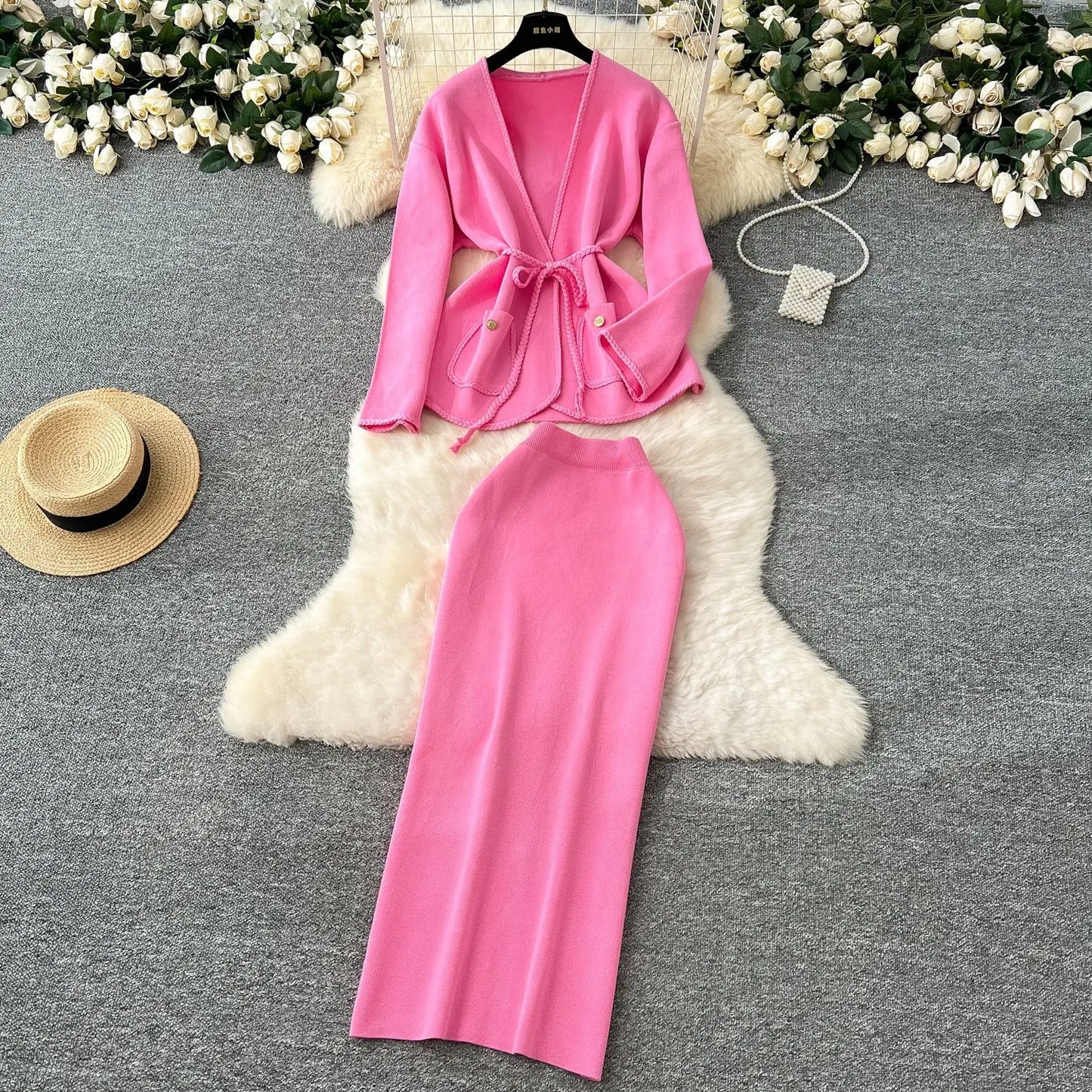 Skirt Set Women Two Piece Sets Dress Sets V Neck Coats Long Skirts High Waist Y2k Streetwear Elegant Splice Work Slim Fit Knit