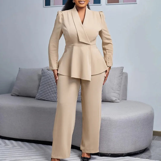 Women Two Pieces Set Elegant Long Sleeves Tops High Waist Pants Trousers Modest Office Ladies Work Wear Business Suit New